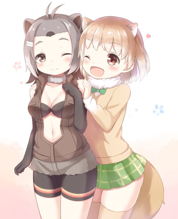 2girls ;) ;d american_beaver_(kemono_friends) animal_ears antenna_hair beaver_ears bike_shorts black-tailed_prairie_dog_(kemono_friends) black_gloves black_swimsuit blush bow bowtie breasts brown_eyes brown_hair cleavage cowboy_shot elbow_gloves extra_ears eyebrows_visible_through_hair fur_collar gloves green_neckwear green_skirt grey_hair hand_on_another's_shoulder heart kemono_friends long_sleeves matsuu_(akiomoi) miniskirt multiple_girls one_eye_closed open_clothes open_mouth open_vest plaid plaid_skirt pleated_skirt prairie_dog_ears prairie_dog_tail shorts skirt smile swimsuit tail thigh-highs torn_clothes torn_shorts torn_sleeves vest white_background zettai_ryouiki
