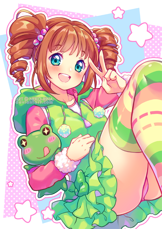 1girl :d aqua_eyes ass bangs blue_eyes blush brown_hair drill_hair feet_out_of_frame frilled_skirt frills frog frog_girl green_skirt hood hoodie idol idolmaster idolmaster_(classic) jacket jumping long_sleeves looking_at_viewer multicolored multicolored_clothes multicolored_legwear neko-rina open_mouth panties pantyshot short_hair skirt smile star starry_background striped striped_legwear stuffed_animal stuffed_frog stuffed_toy takatsuki_yayoi thigh-highs twin_drills twintails underwear v