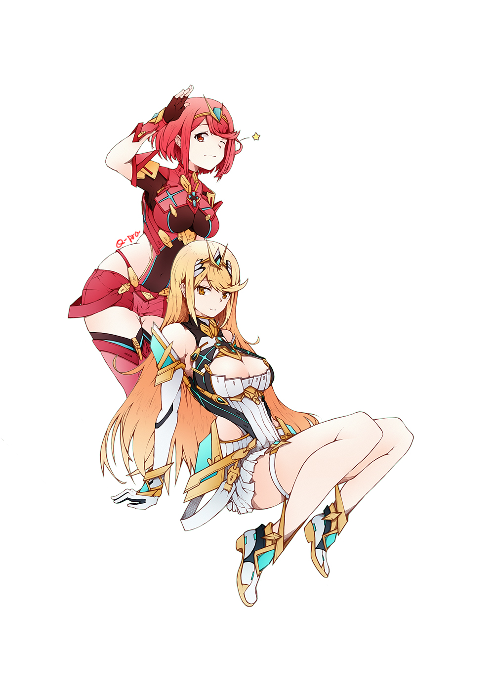 2girls armor bangs bare_shoulders blonde_hair breasts cleavage covered_navel crotchless_pants dress earrings elbow_gloves fingerless_gloves gloves headgear highres jewelry large_breasts long_hair looking_at_viewer mythra_(xenoblade) one_eye_closed pyra_(xenoblade) q-pra red_eyes red_shorts redhead short_sleeves shorts shoulder_armor sidelocks simple_background smile swept_bangs tiara white_background xenoblade_(series) xenoblade_2 yellow_eyes