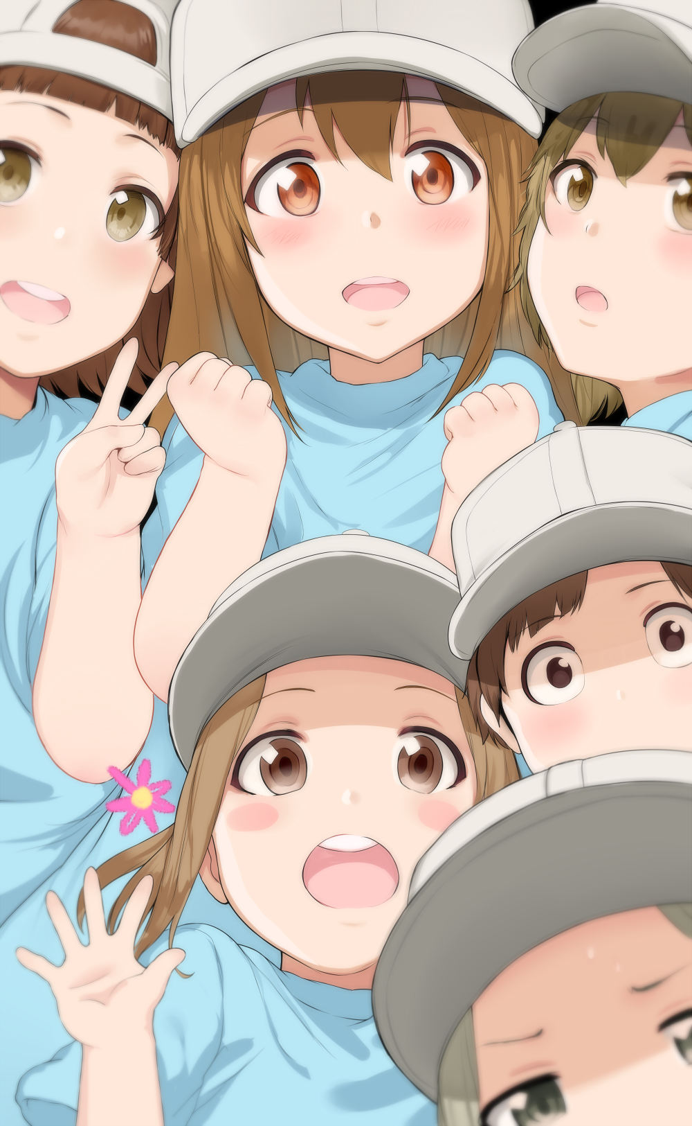 :d :o bangs blunt_bangs blush blush_stickers brown_eyes brown_hair clenched_hands commentary_request eyebrows_visible_through_hair flat_cap hair_between_eyes hat hataraku_saibou hews_hack highres long_hair looking_at_viewer multiple_boys multiple_girls open_mouth platelet_(hataraku_saibou) short_hair smile upper_teeth v waving white_hat