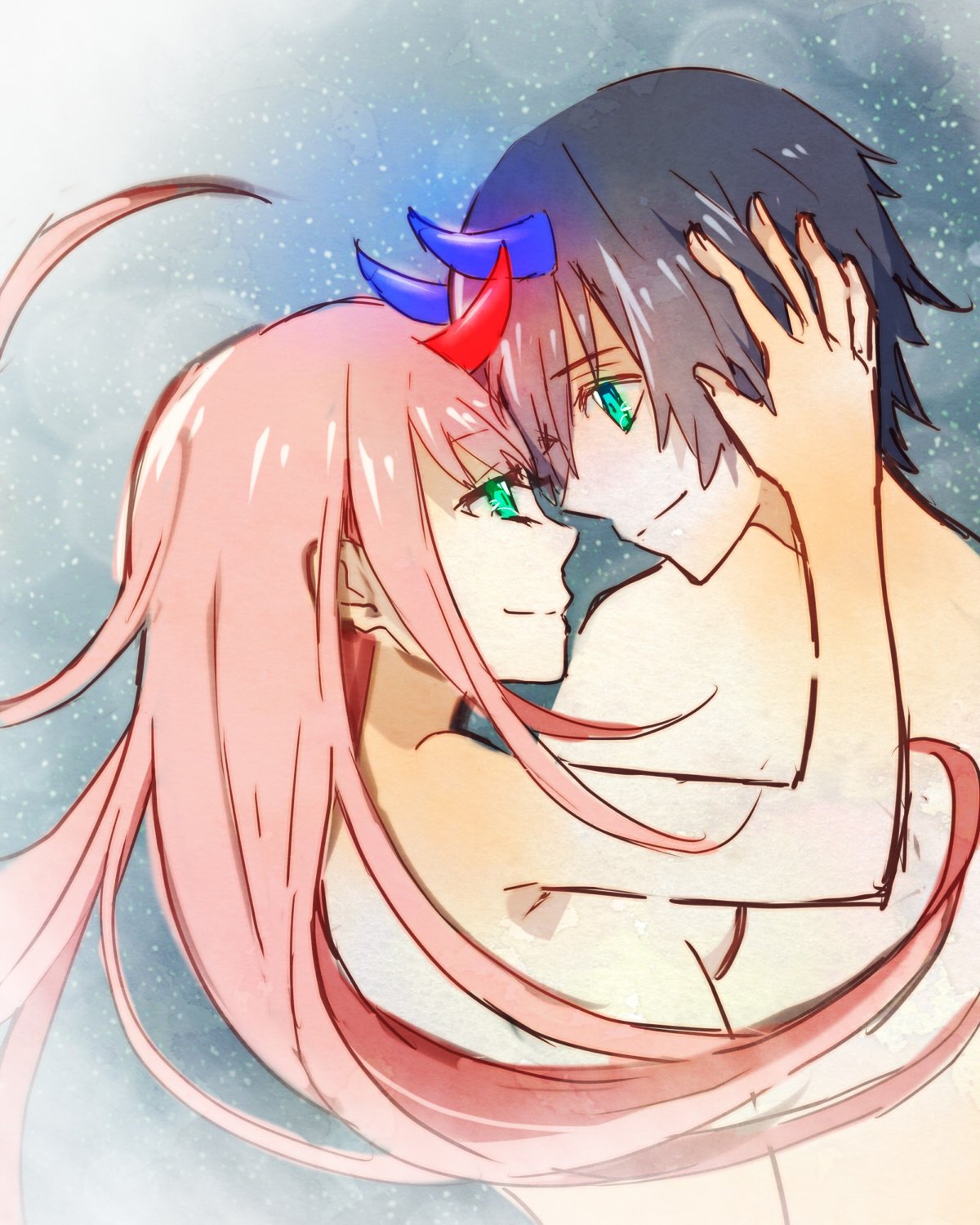 1boy 1girl bangs black_hair blue_horns breasts commentary_request couple darling_in_the_franxx eyebrows_visible_through_hair face-to-face facing_another forehead-to-forehead green_eyes hand_on_another's_head hetero highres hiro_(darling_in_the_franxx) horns long_hair looking_at_another medium_breasts night night_sky oni_horns pink_hair red_horns shirtless short_hair sky soranereco star star_(sky) starry_sky zero_two_(darling_in_the_franxx)