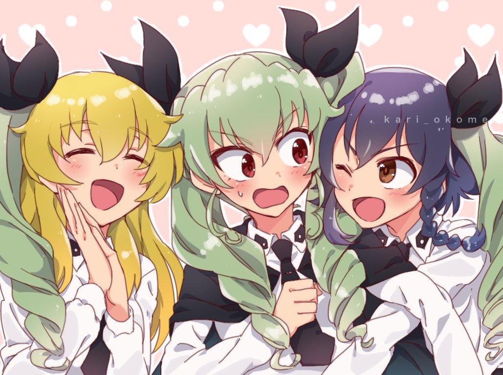 3girls :d ;d alternate_hairstyle anchovy anzio_school_uniform arm_grab bangs black_cape black_hair black_neckwear black_ribbon blonde_hair borrowed_hairstyle braid brown_eyes cape carpaccio commentary dress_shirt drill_hair eyebrows_visible_through_hair frown girls_und_panzer green_hair hair_ribbon hands_together kari_okome light_smile long_hair long_sleeves looking_at_another multiple_girls necktie one_eye_closed open_mouth pepperoni_(girls_und_panzer) red_eyes ribbon school_uniform shirt short_hair side-by-side side_braid smile twin_drills twintails twitter_username v-shaped_eyebrows white_shirt wig wing_collar