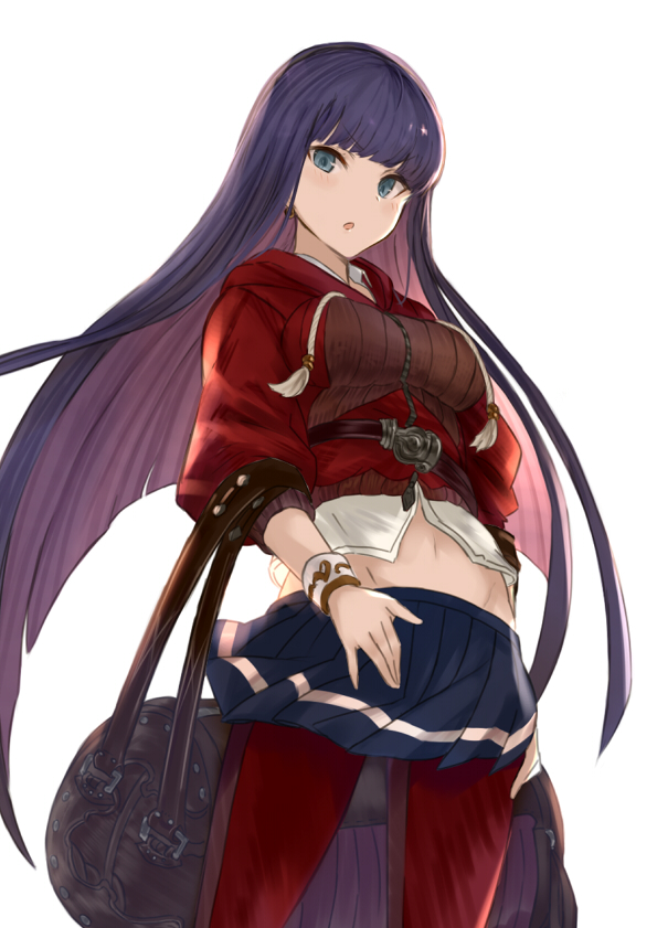 1girl :o bag bangs belt blue_eyes blunt_bangs bracer fate/grand_order fate_(series) hime_cut jacket looking_at_viewer midriff navel pants pants_under_skirt pleated_skirt purple_hair red_jacket red_pants saint_martha simple_background skirt solo straight_hair white_background yatsuka_(846)