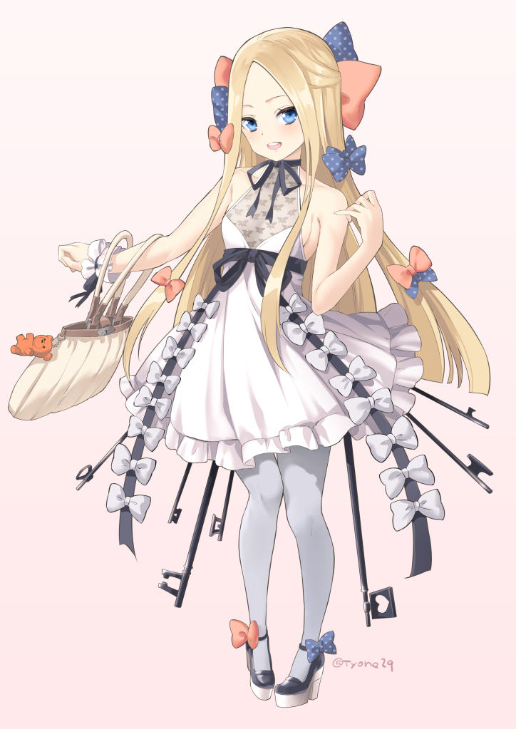 1girl abigail_williams_(fate/grand_order) bag_charm bangs bare_arms bare_shoulders black_footwear blonde_hair blue_bow blue_eyes bow brown_background charm_(object) commentary_request dress fate/grand_order fate_(series) forehead full_body grey_legwear hair_bow high_heels long_hair orange_bow pantyhose parted_bangs polka_dot polka_dot_bow shoes simple_background sleeveless sleeveless_dress solo standing stuffed_animal stuffed_toy teddy_bear tyone very_long_hair white_bow white_dress wrist_cuffs