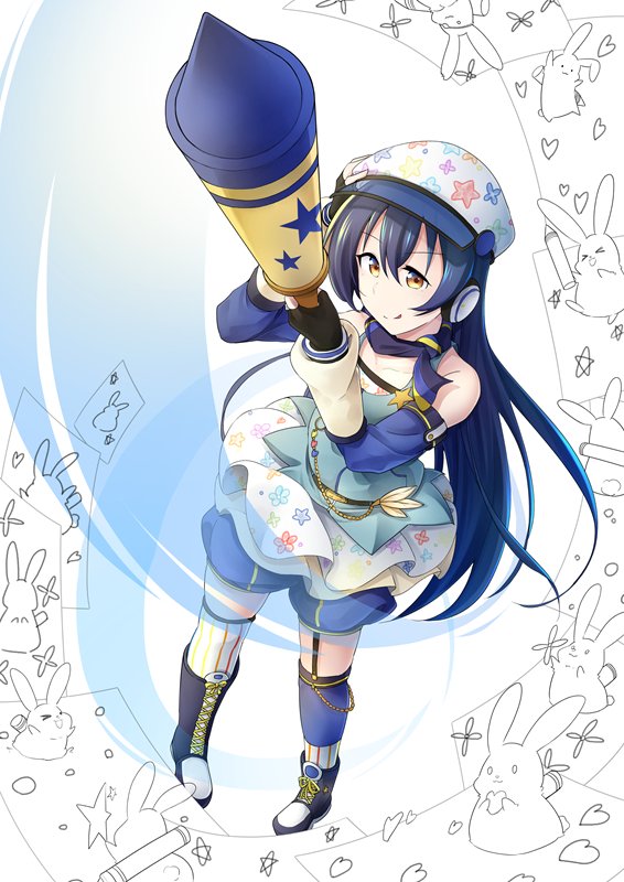 1girl bangs blue_hair commentary_request crayon from_above hair_between_eyes hat long_hair looking_at_viewer love_live! love_live!_school_idol_festival love_live!_school_idol_project morugen rabbit solo sonoda_umi thigh-highs yellow_eyes