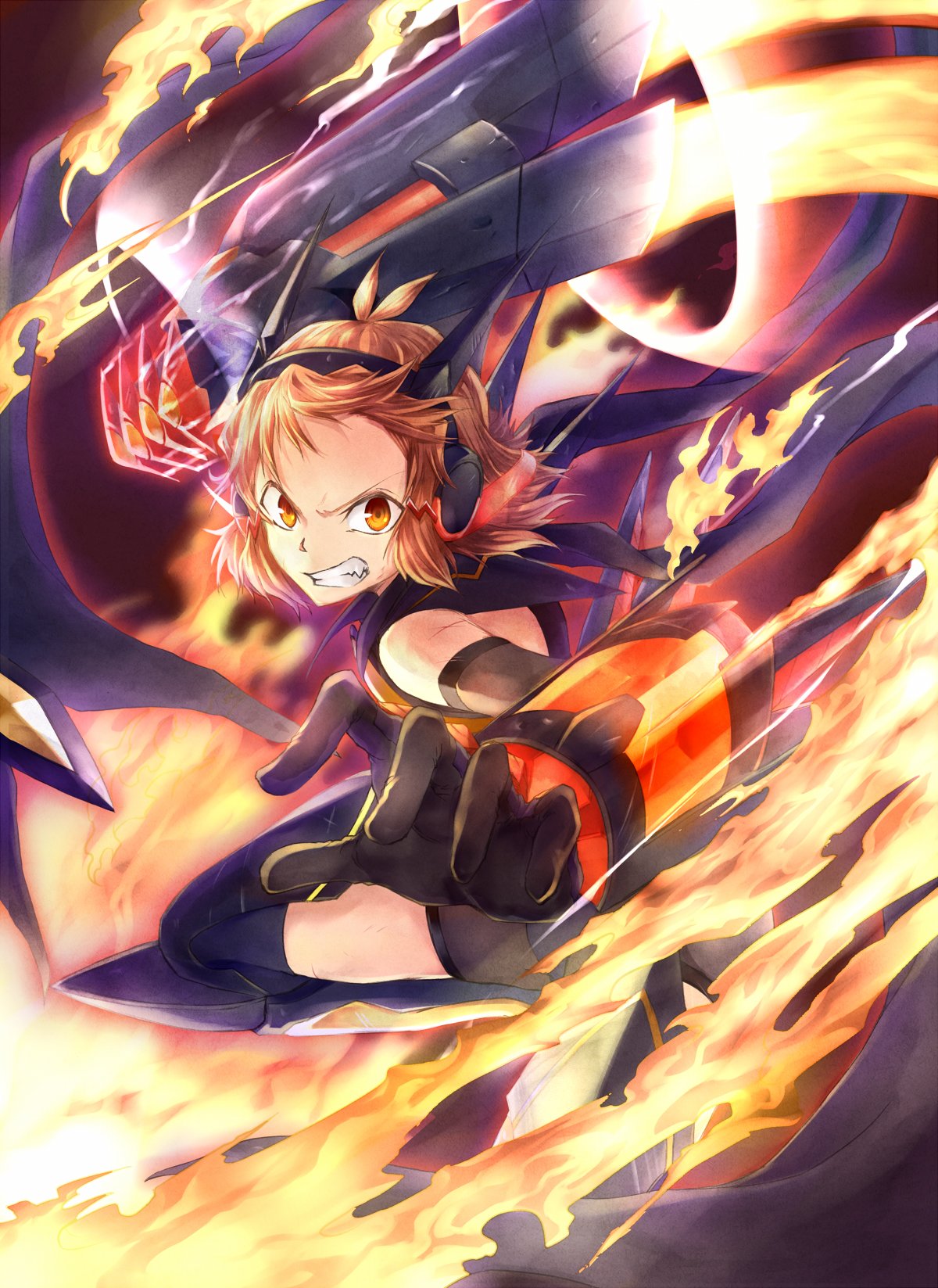 1girl ahoge angry blonde_hair bodysuit brown_hair clenched_hand clenched_teeth fire flame gloves hair_ornament hairclip headgear headphones highres judo_fuu looking_at_viewer orange_eyes senki_zesshou_symphogear short_hair sleeveless solo tachibana_hibiki_(symphogear) teeth thigh-highs yellow_eyes