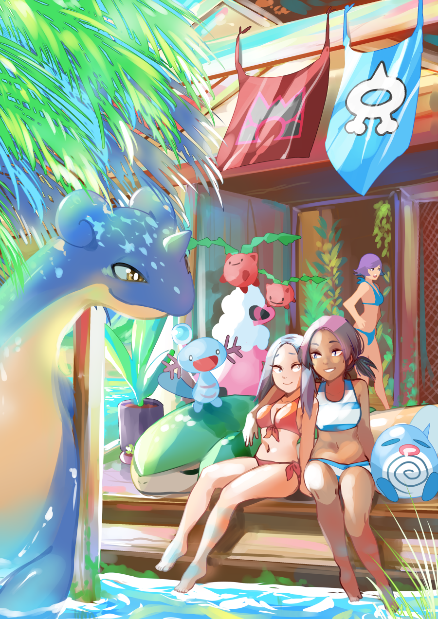 art azuumori bikini blue_swimsuit highres ocean pokemon pokemon_(game) pokemon_oras pokemon_sm red_swimsuit stemware sunlight swimsuit swimwear tagme team_aqua_grunt team_magma_grunt water