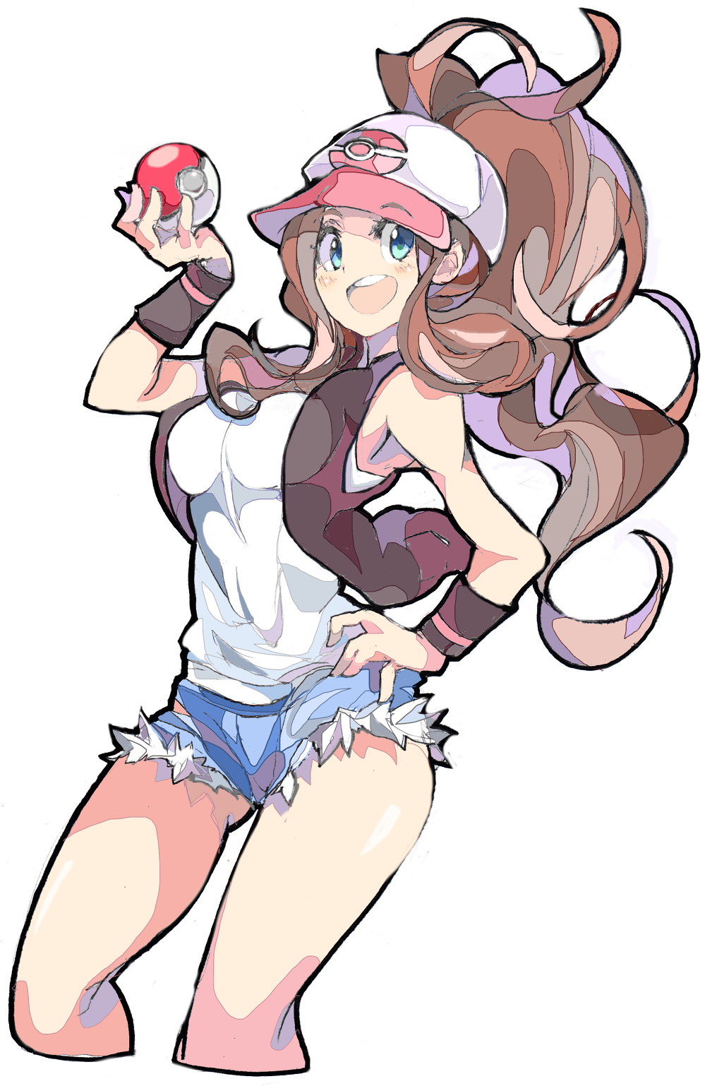 1girl :d antenna_hair baseball_cap black_vest blue_eyes blue_shorts blush breasts brown_hair cropped_legs cutoffs enpe gluteal_fold hand_on_hip hat highres holding holding_poke_ball long_hair looking_at_viewer medium_breasts open_clothes open_mouth open_vest poke_ball poke_ball_(generic) pokemon pokemon_(game) pokemon_bw ponytail round_teeth shirt short_shorts shorts sidelocks smile solo teeth touko_(pokemon) vest white_hat white_shirt wristband