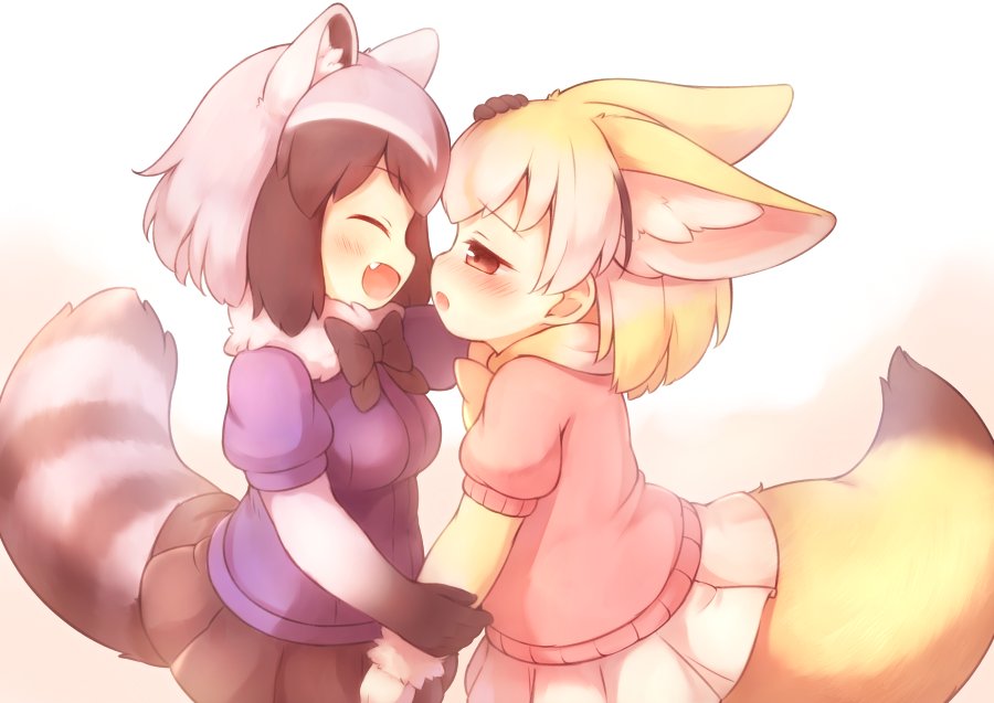 2girls :d ^_^ animal_ears black_gloves black_hair black_neckwear black_skirt blonde_hair blush bow bowtie closed_eyes closed_eyes common_raccoon_(kemono_friends) extra_ears eyebrows_visible_through_hair facing_another fang fennec_(kemono_friends) fox_ears fox_tail from_side fur_collar fur_trim gloves grey_hair half-closed_eyes hand_on_another's_head holding_another's_arm kemono_friends looking_at_another matsuu_(akiomoi) miniskirt multiple_girls open_mouth pink_sweater raccoon_ears raccoon_tail short_sleeves skirt smile sweater tail white_background white_skirt yellow_neckwear