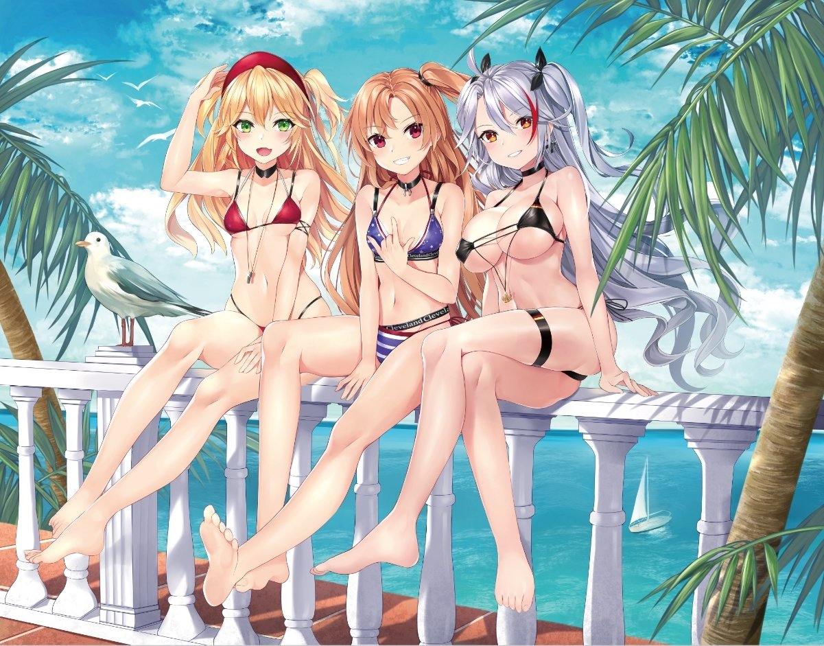 3girls admiral_hipper_(azur_lane) ahoge antenna_hair armpit_crease ass azur_lane bangs barefoot bikini bird black_bikini black_ribbon blonde_hair blue_sky blush boat breasts brown_eyes character_name choker cleavage cleveland_(azur_lane) clothes_writing clouds collarbone cross cross_earrings day earrings eyebrows_visible_through_hair flag_print german_flag_bikini green_eyes hair_between_eyes hair_ornament hair_ribbon hand_on_headwear hat headgear highleg highleg_bikini iron_cross jewelry komazuki_(komaworks240) large_breasts legs_crossed long_hair looking_at_viewer mole multicolored_hair multiple_girls navel ocean on_railing one_side_up open_mouth outdoors palm_tree parted_bangs parted_lips prinz_eugen_(azur_lane) red_eyes redhead ribbon seagull shiny shiny_skin sidelocks silver_hair sitting skindentation sky small_breasts smile stomach streaked_hair swept_bangs swimsuit thigh_strap thighs tree two_side_up very_long_hair watercraft whistle yacht