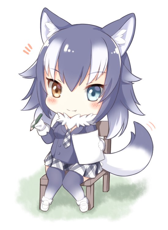 1girl animal_ears black_hair black_jacket black_legwear blue_eyes blush chair chibi eyebrows_visible_through_hair fang fur_collar gloves gradient_hair gradient_legwear grey_wolf_(kemono_friends) hair_between_eyes heterochromia holding holding_paper holding_pencil jacket kemono_friends knees_together_feet_apart long_sleeves looking_at_viewer matsuu_(akiomoi) miniskirt multicolored_hair necktie paper pencil plaid plaid_neckwear plaid_skirt simple_background sitting skirt smile solo tail tail_wagging thigh-highs white_background white_footwear white_gloves white_hair white_legwear wolf_ears wolf_tail yellow_eyes zettai_ryouiki