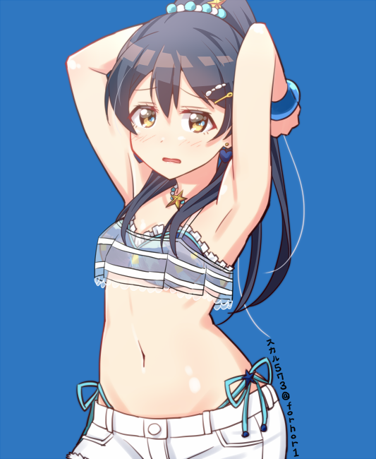 1girl armpits arms_behind_head arms_up bangs bikini blue_background blue_hair blush bracelet commentary_request cowboy_shot hair_between_eyes hair_ornament hairclip jewelry long_hair looking_at_viewer love_live! love_live!_school_idol_festival love_live!_school_idol_project midriff navel necklace open_mouth ponytail shorts side-tie_bikini simple_background skull573 solo sonoda_umi swimsuit yellow_eyes