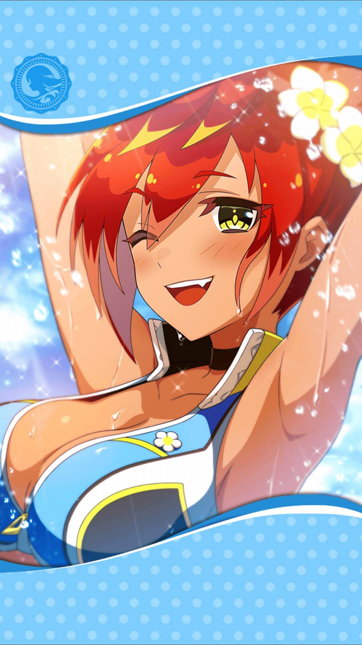 1girl artist_request black_choker blush breasts choker cleavage dark_skin eyebrows_visible_through_hair flower framed_image green_eyes hair_between_eyes hair_flower hair_ornament highres large_breasts official_art one_eye_closed open_mouth phantom_of_the_kill redhead swimsuit vajra_(phantom_of_the_kill) water
