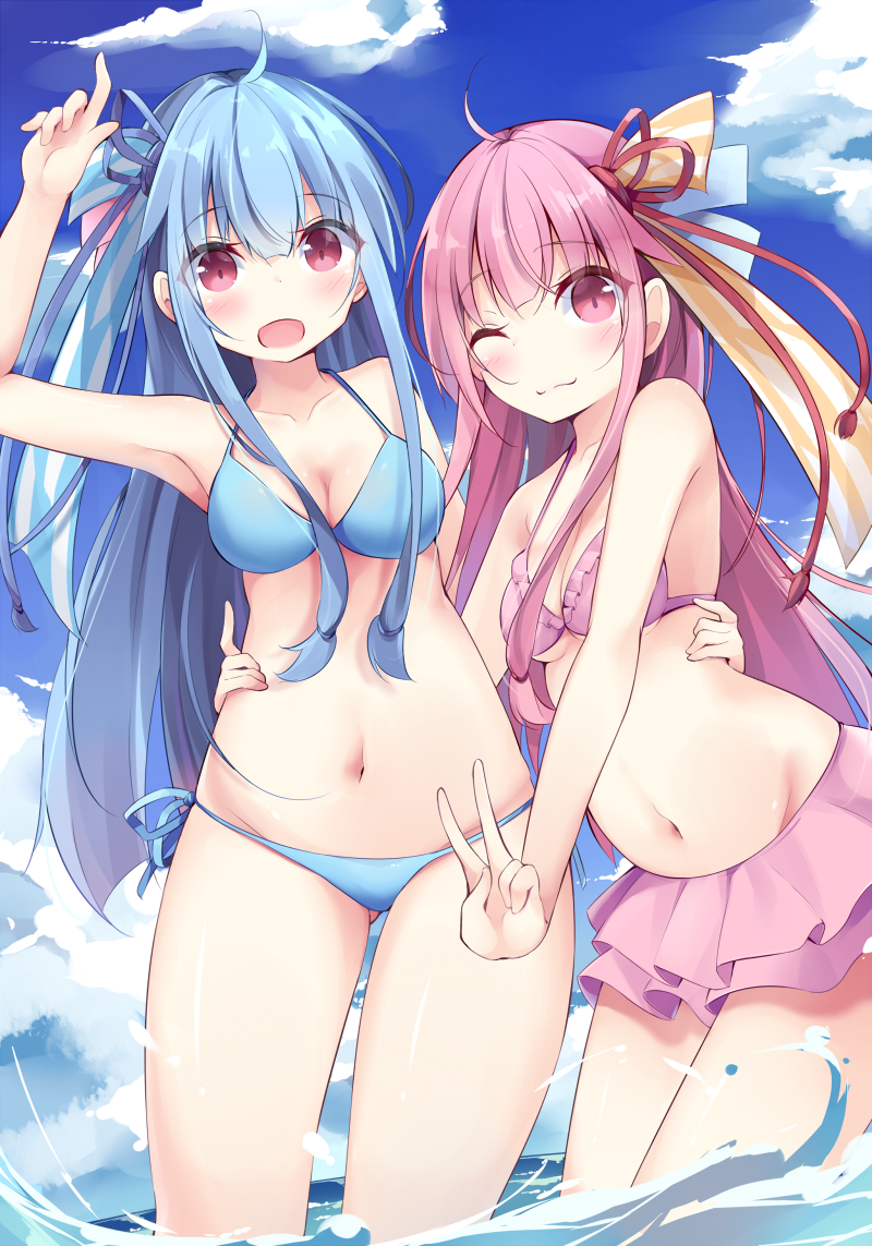 2girls :d ahoge arm_up bare_arms bare_shoulders bikini blue_bikini blue_hair blue_ribbon blue_sky blush breasts cleavage closed_mouth clouds cloudy_sky collarbone commentary_request day hair_ribbon hand_on_another's_waist horizon kotonoha_akane kotonoha_aoi kyuukon_(qkonsan) long_hair medium_breasts multiple_girls navel ocean one_eye_closed open_mouth outdoors pink_bikini pink_eyes pink_hair red_eyes red_ribbon ribbon siblings sisters sky smile swimsuit v very_long_hair voiceroid wading water