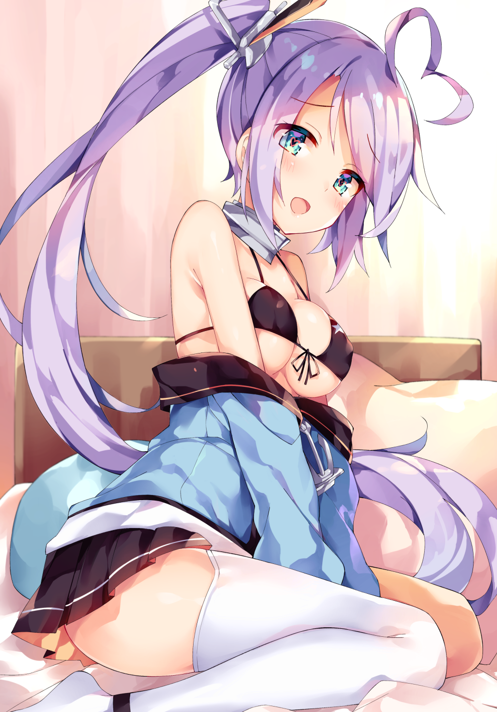 1girl ahoge azur_lane bangs bare_shoulders bed bikini black_bikini blue_eyes blush breasts cleavage day erect_nipples eyebrows_visible_through_hair front-tie_top hair_ornament heart heart-shaped_pupils heart_ahoge highres indoors large_breasts long_hair looking_at_viewer no_shoes on_bed open_mouth portland_(azur_lane) side_ponytail sitting skirt smile star swimsuit symbol-shaped_pupils thigh-highs thighs unacchi_(nyusankin) very_long_hair white_legwear yokozuwari