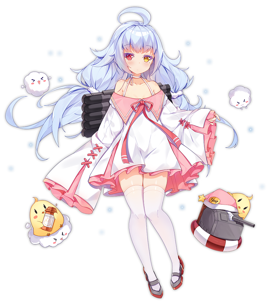 &gt;_&lt; 1girl :d ahoge anchor_symbol animal azur_lane bangs bare_shoulders bird blush chick closed_mouth clouds collarbone copyright_name dango_remi dress eyebrows_visible_through_hair fingernails hat heterochromia holding lifebuoy long_sleeves looking_at_viewer low_twintails mole mole_under_eye nicholas_(azur_lane) nightcap off-shoulder_dress off_shoulder official_art open_mouth pinching_sleeves pink_hat red_eyes red_footwear rudder_shoes shoes silver_hair sleeves_past_fingers sleeves_past_wrists smile solo star thigh-highs torpedo transparent_background turret twintails white_dress white_legwear wide_sleeves xd yellow_eyes