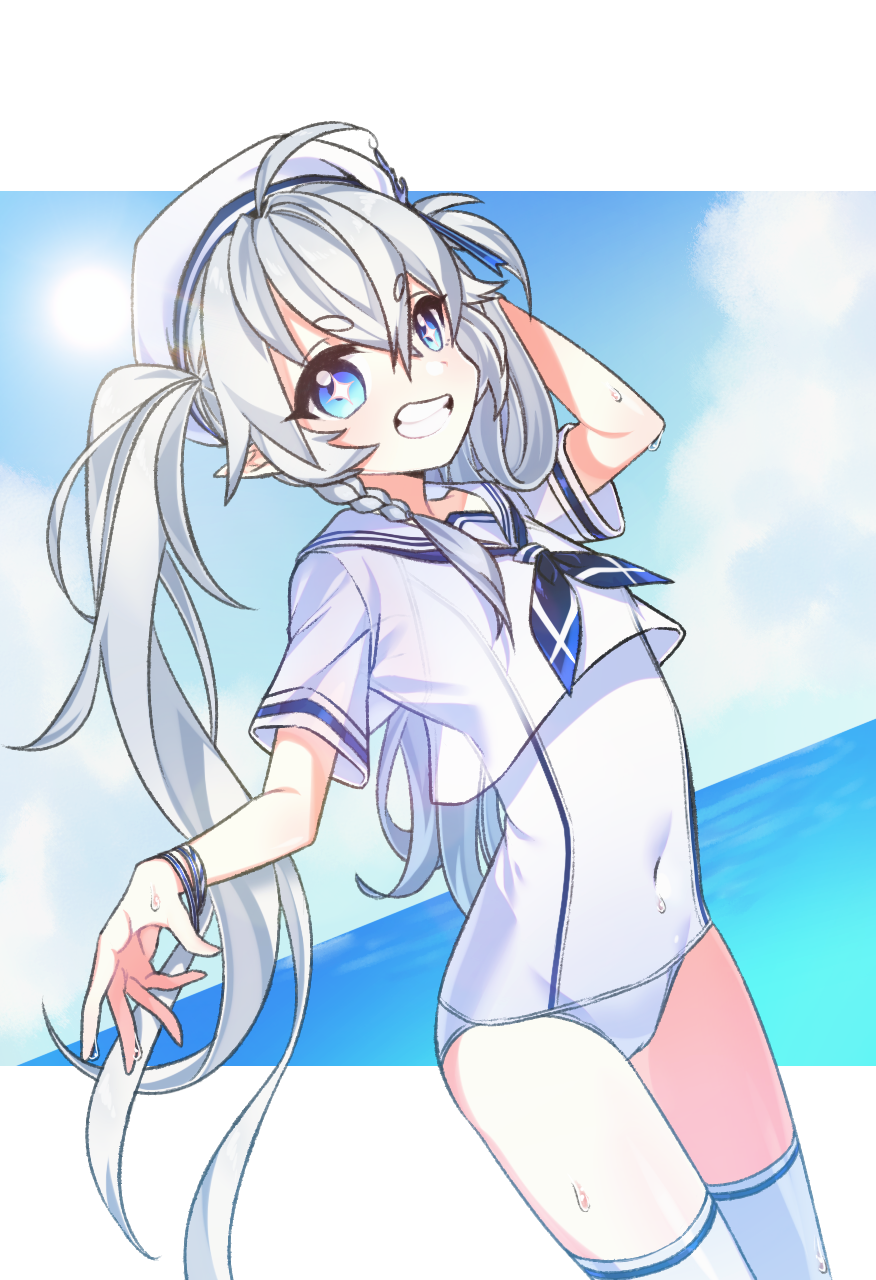 1girl ahoge alternate_costume angellyuna blue_eyes blue_sky braid elsword eyebrows_visible_through_hair grin hair_between_eyes hat highres luciela_r._sourcream ocean pointy_ears sailor_collar sailor_hat sailor_shirt see-through shirt silver_hair sky smile swimsuit symbol-shaped_pupils thigh-highs twintails white_swimsuit wristband