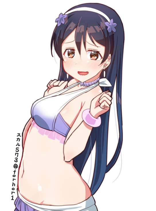 1girl bangs bikini blue_hair blush bracelet commentary_request earrings hair_between_eyes jewelry long_hair looking_at_viewer love_live! love_live!_school_idol_project natsuiro_egao_de_1_2_jump! open_mouth simple_background skull573 solo sonoda_umi swimsuit upper_body white_background yellow_eyes