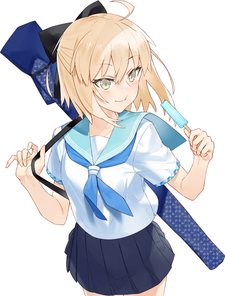 1girl :t ahoge bangs black_bow blonde_hair blue_sailor_collar blue_skirt blush bow closed_mouth commentary_request eating eyebrows_visible_through_hair fate/grand_order fate_(series) food grey_eyes hair_between_eyes hair_bow hands_up hayashi_kewi holding holding_food koha-ace okita_souji_(fate) okita_souji_(fate)_(all) pleated_skirt popsicle sailor_collar school_uniform serafuku shirt short_sleeves simple_background skirt solo weapon_bag white_background white_shirt