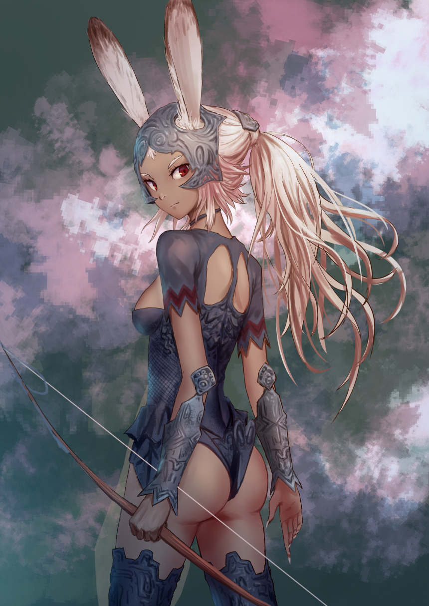 1girl animal_ears ass black_legwear black_leotard bow bow_(weapon) breasts closed_mouth cowboy_shot dark_skin final_fantasy final_fantasy_xii fingernails fran helmet highres holding holding_bow_(weapon) holding_weapon legs_apart leotard long_fingernails ponytail rabbit_ears red_eyes roke_(taikodon) sharp_fingernails short_sleeves small_breasts solo thigh-highs vambraces viera weapon white_hair