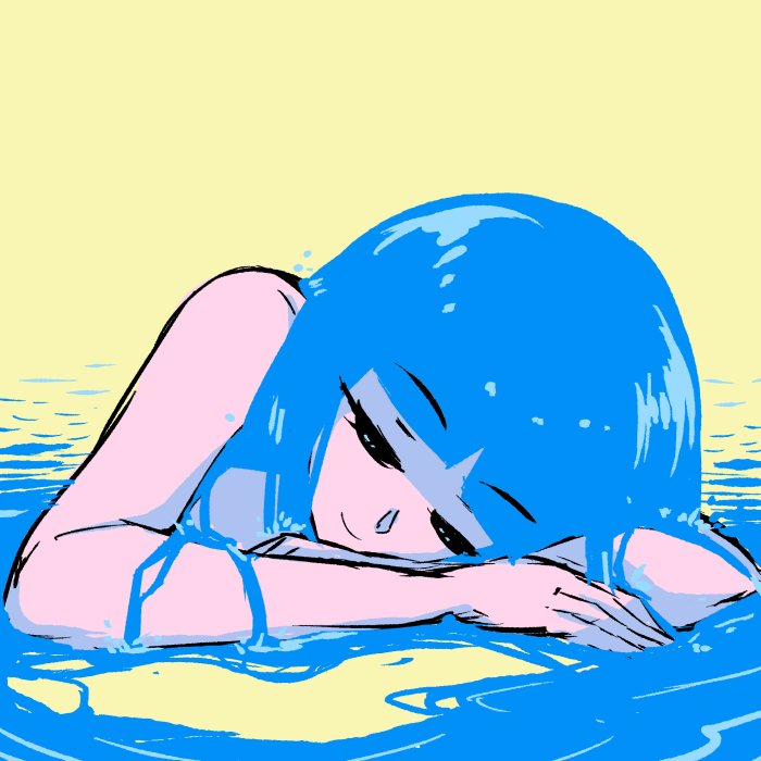 1girl akairiot bangs blue_hair eyebrows_visible_through_hair kelda_(akairiot) liquid_hair long_hair lying on_stomach original portrait simple_background smile solo water yellow_background