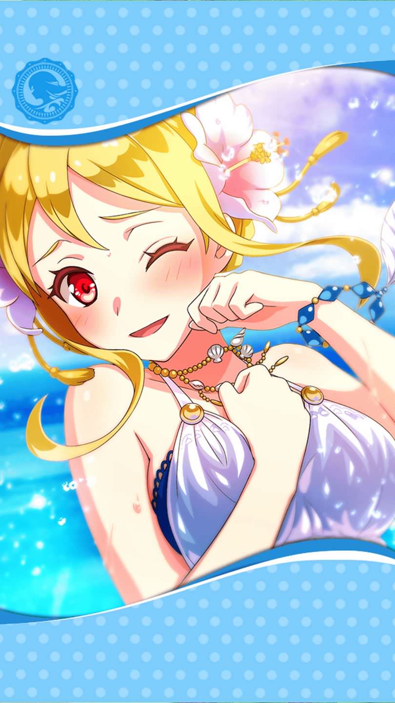 1girl artist_request blonde_hair blush bracelet flabellum_(phantom_of_the_kill) flower framed_image hair_between_eyes hair_flower hair_ornament highres jewelry official_art one_eye_closed open_mouth orchid phantom_of_the_kill red_eyes smile splashing swimsuit water