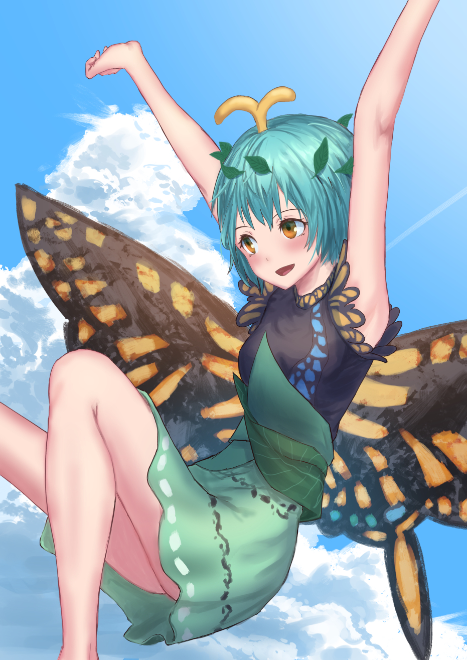 1girl :d antennae aqua_hair armpits arms_up bangs bare_arms blue_sky butterfly_wings clouds dress eternity_larva fairy flying hair_ornament highres leaf leaf_hair_ornament leg_up open_mouth orange_eyes outdoors roke_(taikodon) short_hair sky smile solo touhou wings