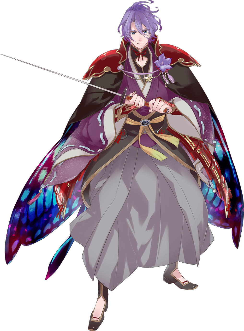 1boy armor blue_eyes cape flower full_body hakama highres homerun_ken japanese_armor japanese_clothes kasen_kanesada katana kiwame_(touken_ranbu) male_focus off_shoulder purple_hair sword touken_ranbu transparent_background weapon