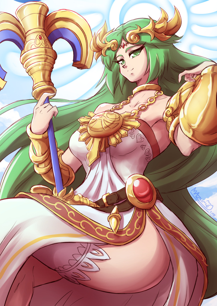 1girl artist_name bare_shoulders belt bracer commentary english_commentary green_eyes green_hair halo jewelry kid_icarus kid_icarus_uprising legs_crossed long_hair mazume palutena sitting smile solo staff thigh-highs tiara very_long_hair white_legwear