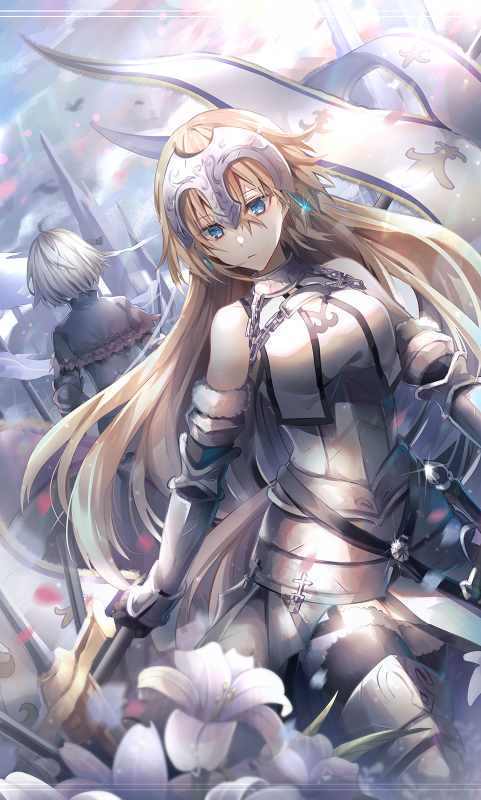 2girls armor armored_boots armored_dress bangs bare_shoulders black_cape black_dress black_legwear blonde_hair blue_eyes boots breasts cape clouds cloudy_sky commentary dress earrings eyebrows_visible_through_hair facing_away fate/apocrypha fate/grand_order fate_(series) flower fur-trimmed_legwear fur_trim gauntlets hair_between_eyes headpiece jeanne_d'arc_(alter)_(fate) jeanne_d'arc_(fate) jeanne_d'arc_(fate)_(all) jewelry long_hair medium_breasts multiple_girls outdoors silver_hair sky solo_focus thigh-highs very_long_hair white_dress white_flower yunohito