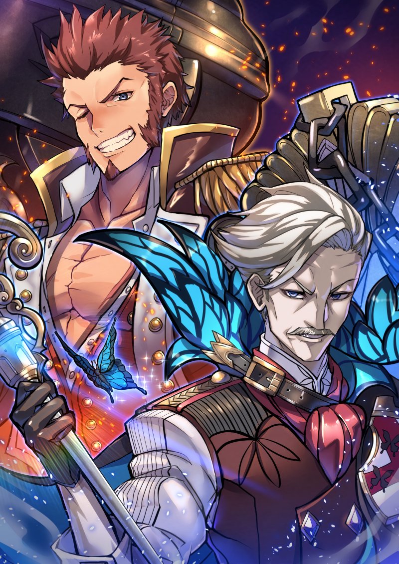 2boys brown_hair bug butterfly cane cape epaulettes facial_hair fate/grand_order fate_(series) goatee grey_hair grin insect james_moriarty_(fate/grand_order) multiple_boys mustache napoleon_bonaparte_(fate/grand_order) one_eye_closed open_clothes open_shirt smile toshi_gahara trait_connection waistcoat