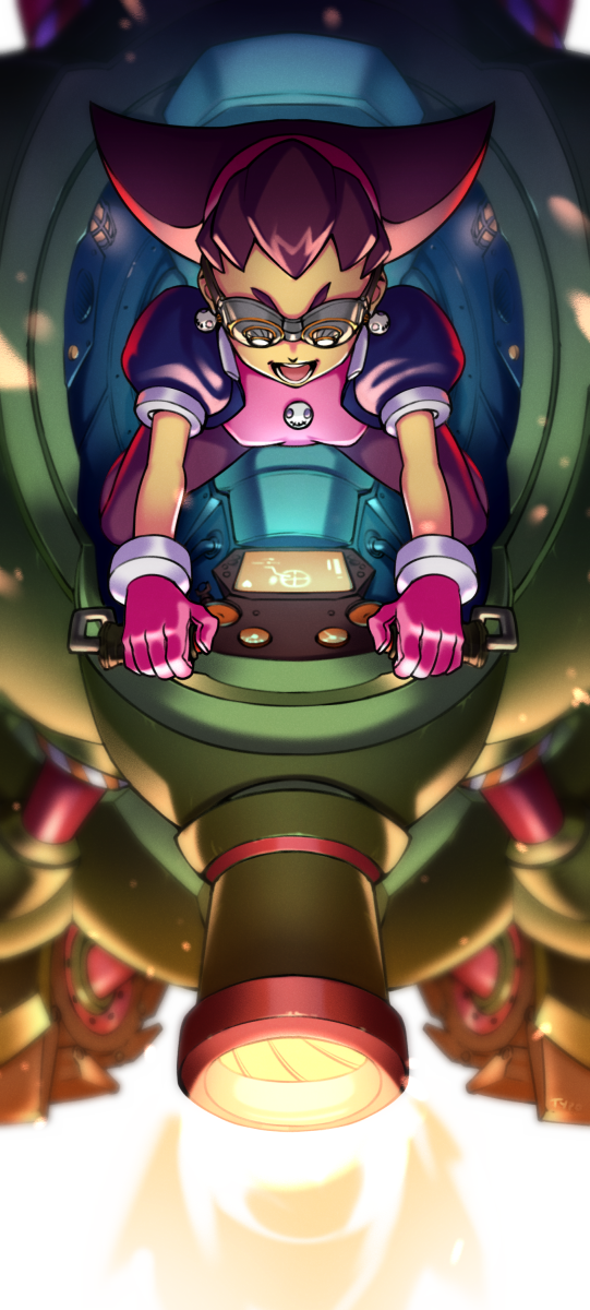 1girl breasts brooch cannon cockpit commentary earrings english_commentary firing forehead from_above goggles hair_pulled_back hair_slicked_back hairband highres jewelry mecha open_mouth pantyhose pink_hairband puffy_sleeves rockman rockman_dash skull_earrings small_breasts solo tron_bonne typo_(requiemdusk)