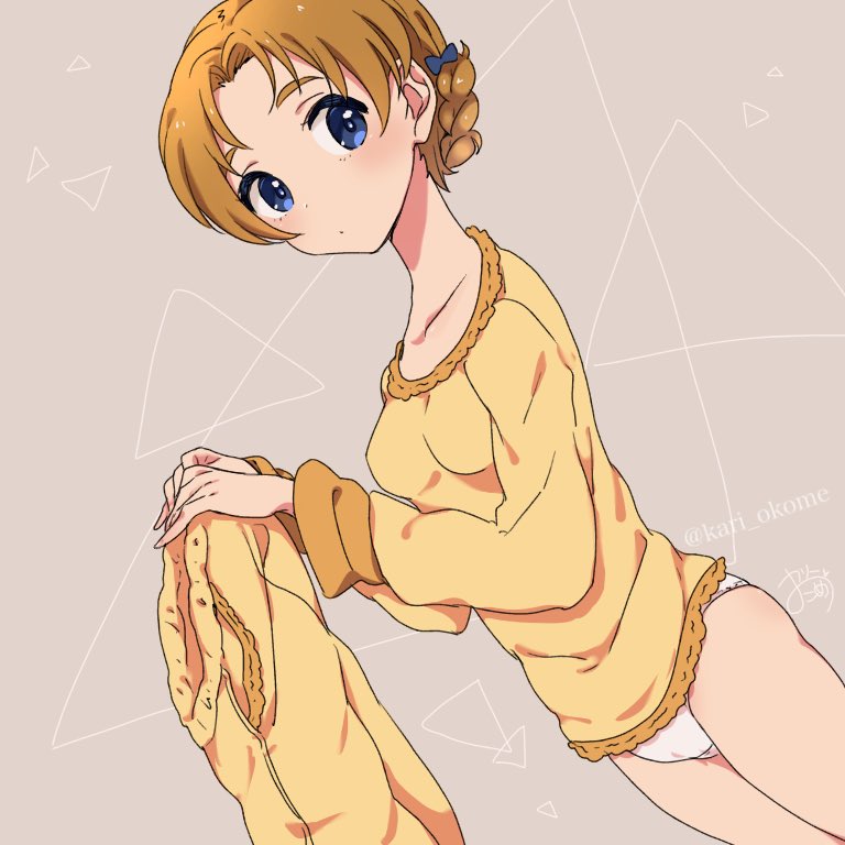 1girl artist_name bangs black_bow blue_eyes bow braid brown_background closed_mouth commentary crotch_seam dutch_angle from_side girls_und_panzer hair_bow holding_clothes kari_okome long_sleeves looking_at_viewer no_pants orange_hair orange_pants orange_pekoe orange_shirt pajamas panties pants pants_removed parted_bangs shirt short_hair signature solo standing tied_hair triangle twin_braids twitter_username underwear white_panties