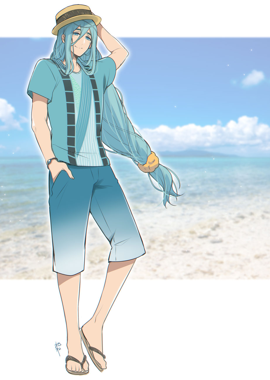 1boy adjusting_clothes adjusting_hat aqua_eyes aqua_hair beach boater_hat bracelet chiyoganemaru closed_mouth hand_in_pocket hat highres jewelry long_hair low-tied_long_hair male_focus nene ocean sandals shirt smile solo t-shirt touken_ranbu very_long_hair water