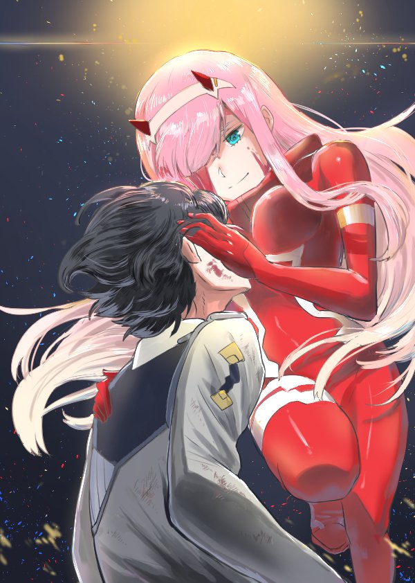 12itiniti 1boy 1girl bangs black_hair blood blood_on_face bodysuit breasts commentary_request couple darling_in_the_franxx floating_hair gloves green_eyes hair_ornament hair_over_one_eye hairband hand_on_another's_face hand_on_another's_shoulder hetero hiro_(darling_in_the_franxx) horns long_hair long_sleeves looking_at_another medium_breasts military military_uniform night night_sky oni_horns pilot_suit pink_hair red_bodysuit red_gloves red_horns short_hair sky star star_(sky) starry_sky uniform white_hairband zero_two_(darling_in_the_franxx)