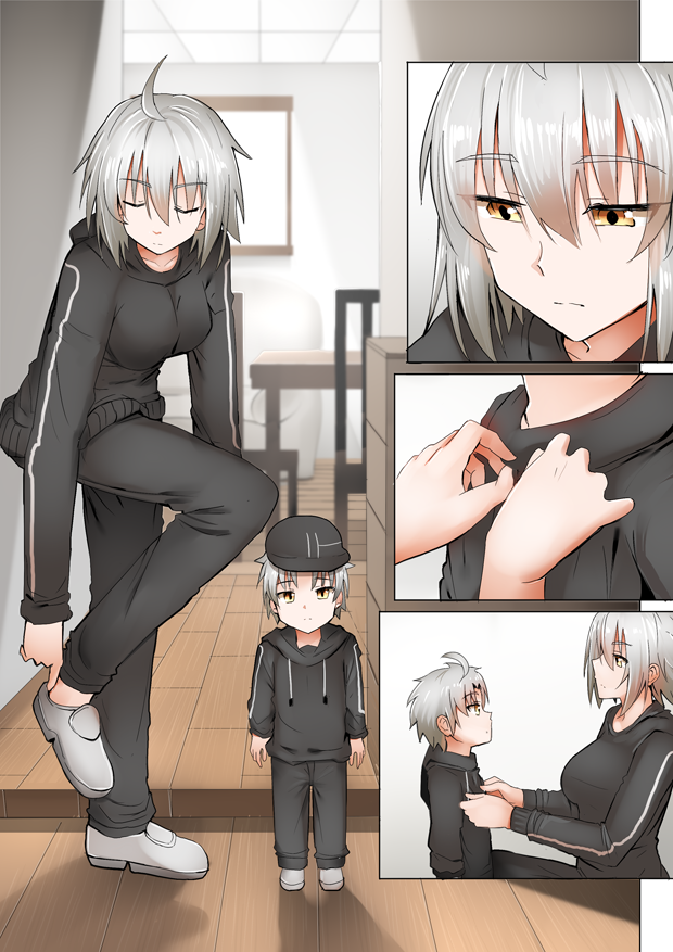 1boy 1girl ahoge breasts chair expressionless fate/grand_order fate_(series) ginhaha hat jeanne_d'arc_(alter)_(fate) jeanne_d'arc_(fate)_(all) large_breasts mother_and_son shoes short_hair silver_hair table track_suit window yellow_eyes