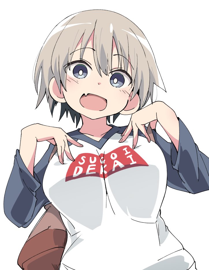 1girl :d bag blue_eyes blush breasts brown_bag clothes_writing eyebrows_visible_through_hair fang grey_hair hair_between_eyes hands_on_own_chest ixy large_breasts long_sleeves looking_at_viewer open_mouth raglan_sleeves romaji short_hair smile solo spread_fingers upper_body uzaki-chan_wa_asobitai! uzaki_hana
