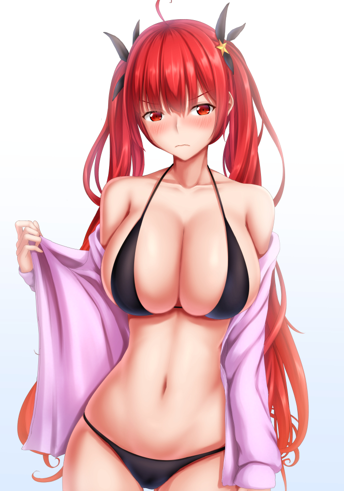 1girl ahoge alternate_costume azur_lane bangs bikini black_bikini black_ribbon blush breasts cleavage closed_mouth collarbone eyebrows_visible_through_hair frown gradient gradient_background groin hair_ribbon honolulu_(azur_lane) large_breasts long_hair looking_at_viewer navel off_shoulder red_eyes redhead ribbon simple_background skindentation solo stomach swimsuit tapisuke thighs twintails undressing