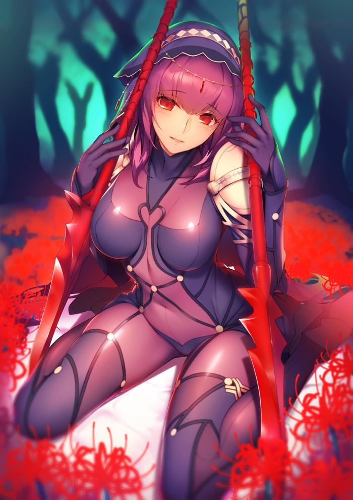 1girl blush bodysuit boots breasts covered_collarbone covered_navel eyebrows_visible_through_hair fate/grand_order fate_(series) focused forest hair_between_eyes headdress high_heel_boots high_heels impossible_clothes large_breasts long_hair looking_at_viewer nature parted_lips pauldrons polearm purple_bodysuit purple_hair purple_hood red_eyes ryuji_(ikeriu) scathach_(fate/grand_order) sitting solo spear very_long_hair wariza weapon