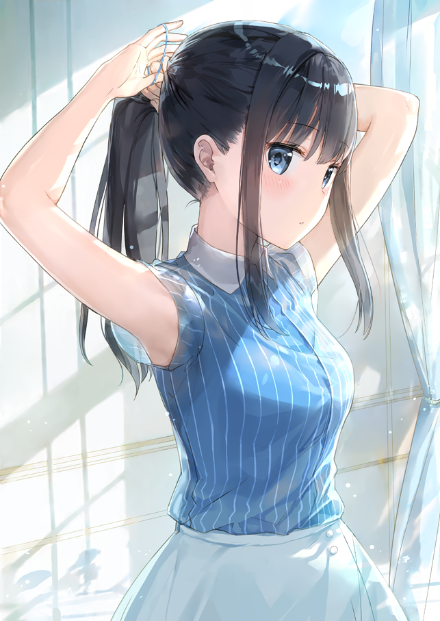 1girl :o armpits arms_up bangs black_hair blouse blue_eyes blue_shirt blush breasts closed_mouth collared_shirt commentary_request curtains day eyebrows_visible_through_hair fuumi_(radial_engine) hair_tie holding indoors long_hair looking_at_viewer medium_breasts original parted_lips ponytail shirt short_sleeves sidelocks skirt solo striped striped_shirt tying_hair upper_body vertical-striped_shirt vertical_stripes white_skirt window_shade