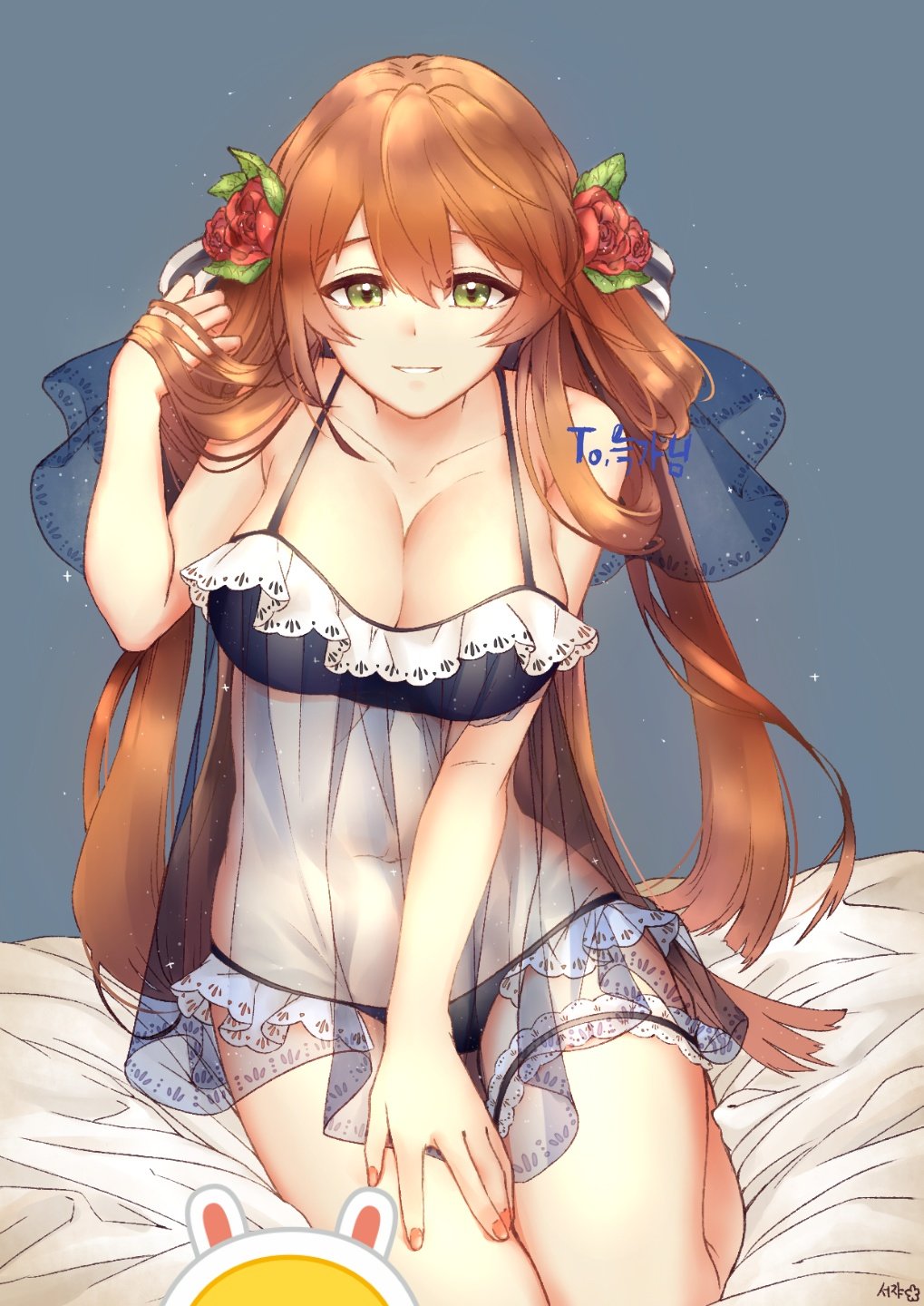 1girl babydoll bangs bare_shoulders blue_babydoll blue_panties blush breasts brown_hair cleavage collarbone eyebrows_visible_through_hair flower girls_frontline green_eyes hair_between_eyes hair_flower hair_ornament hair_ribbon hair_rings hand_in_hair hand_on_own_thigh highres ice_s_s_z large_breasts leg_garter long_hair looking_at_viewer m1903_springfield_(girls_frontline) nail_polish on_bed panties parted_lips pink_nails ribbon see-through sidelocks sitting smile solo thighs underwear underwear_only veil yokozuwari