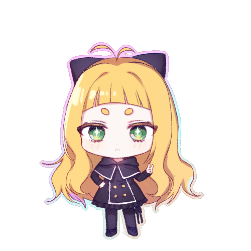 +_+ 1girl antenna_hair bangs black_bow black_dress black_footwear black_legwear blonde_hair blush bow chibi closed_mouth copyright_request dress frilled_dress frills full_body green_eyes hair_bow hand_on_hip hand_up light_frown long_hair lowres pantyhose poyo_(shwjdddms249) simple_background solo standing thick_thighs thighs v very_long_hair white_background