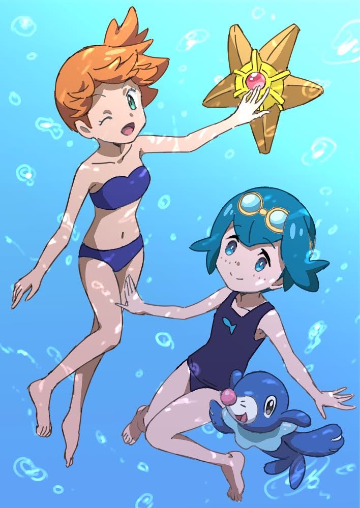 2girls bikini hatena_(hatenashi8107) kasumi_(pokemon) multiple_girls pokemon pokemon_(anime) pokemon_(creature) pokemon_sm_(anime) popplio staryu suiren_(pokemon) swimsuit underwater