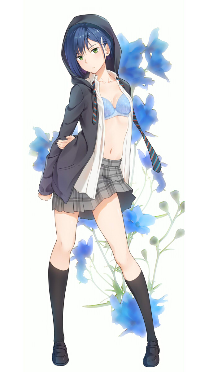 1girl arm_at_side arm_behind_back black_legwear blue_bra bra breasts collarbone darling_in_the_franxx eyebrows_visible_through_hair flower_request full_body green_eyes hair_ornament hairclip highres hood hood_up hooded_jacket ichigo_(darling_in_the_franxx) jacket kanden_suki kneehighs legs_apart looking_at_viewer navel necktie open_clothes open_jacket open_shirt plaid plaid_skirt pleated_skirt shoes short_hair skirt small_breasts solo underwear