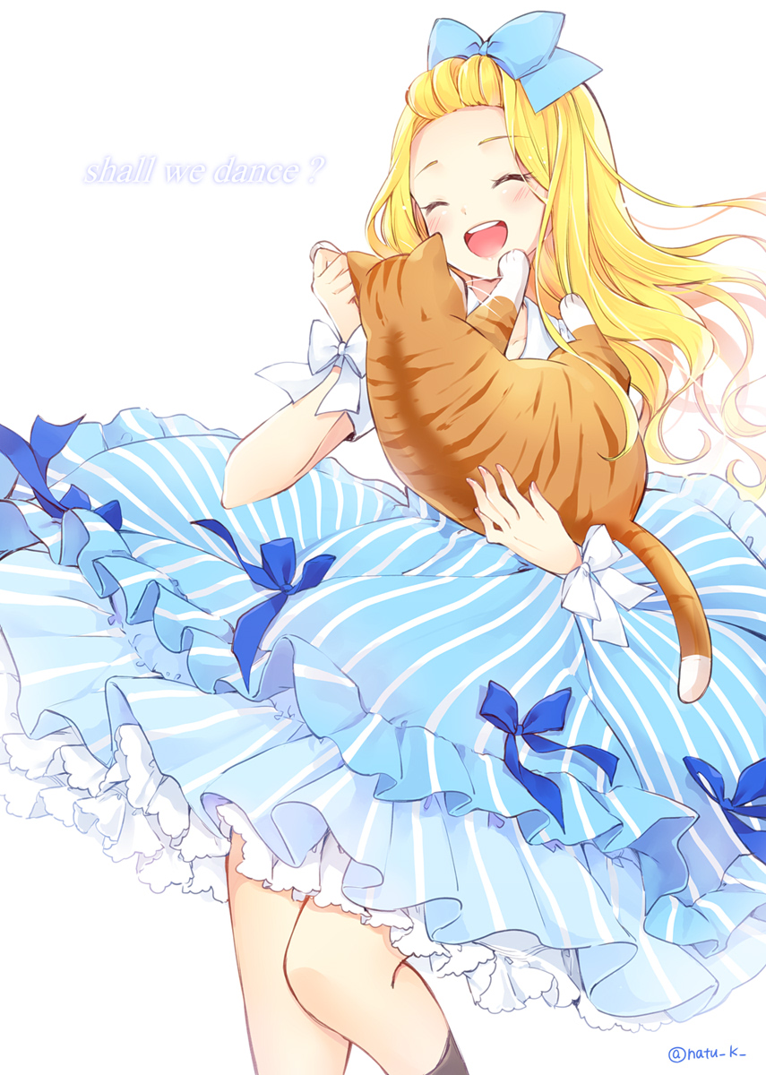 1girl :d ^_^ animal bangs_pinned_back blonde_hair blue_bow blue_dress blush bow cat closed_eyes closed_eyes commentary_request dancing dress english hair_bow hazuki_natsu highres holding holding_cat long_hair open_mouth original ribbon round_teeth smile solo striped teeth twitter_username upper_teeth vertical-striped_dress vertical_stripes white_ribbon wrist_ribbon