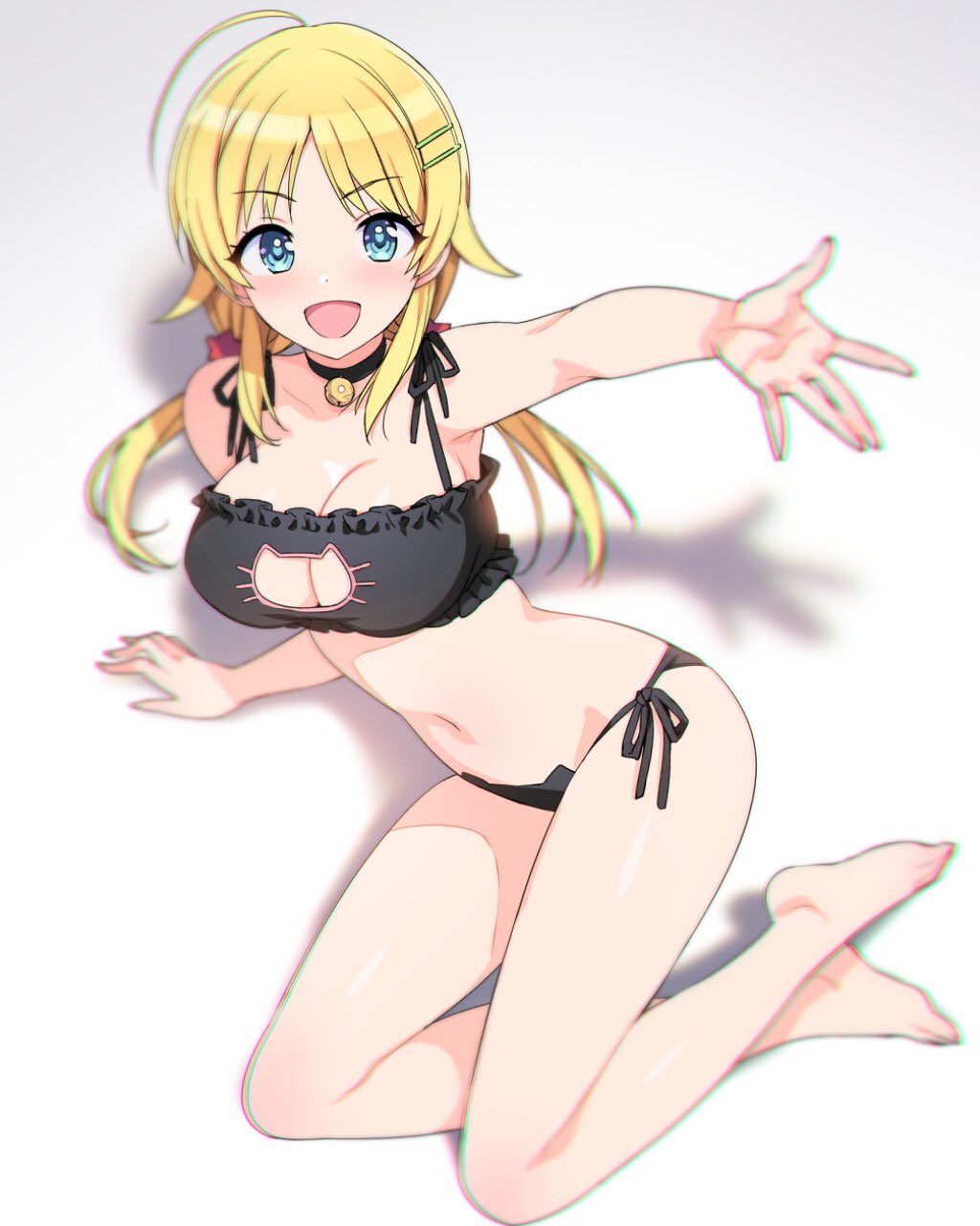 :d ahoge arm_support bare_legs barefoot bell bell_choker black_bra black_panties blonde_hair blue_eyes bra breasts cat_cutout choker chromatic_aberration cleavage eyebrows_visible_through_hair full_body hachimiya_meguru hair_ornament hairclip highres idolmaster idolmaster_shiny_colors jingle_bell large_breasts long_hair looking_at_viewer low_twintails navel ootomo_takuji open_mouth outstretched_hand panties side-tie_panties sitting smile twintails underwear underwear_only yokozuwari