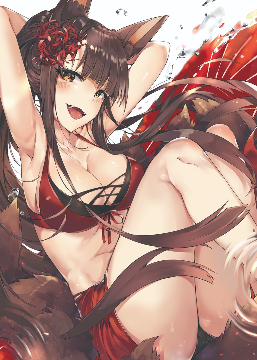 1girl :d akagi_(azur_lane) alternate_costume animal_ears armpits arms_behind_head azur_lane bangs bikini blush breasts brown_hair bubble cleavage collarbone eyebrows_visible_through_hair fangs fox_ears fox_tail highres knees_up large_breasts light_particles long_hair looking_at_viewer multiple_tails open_mouth red_bikini red_eyes red_sarong ripples sarong smile solo swimsuit tail thighs tuxedo_de_cat water_drop