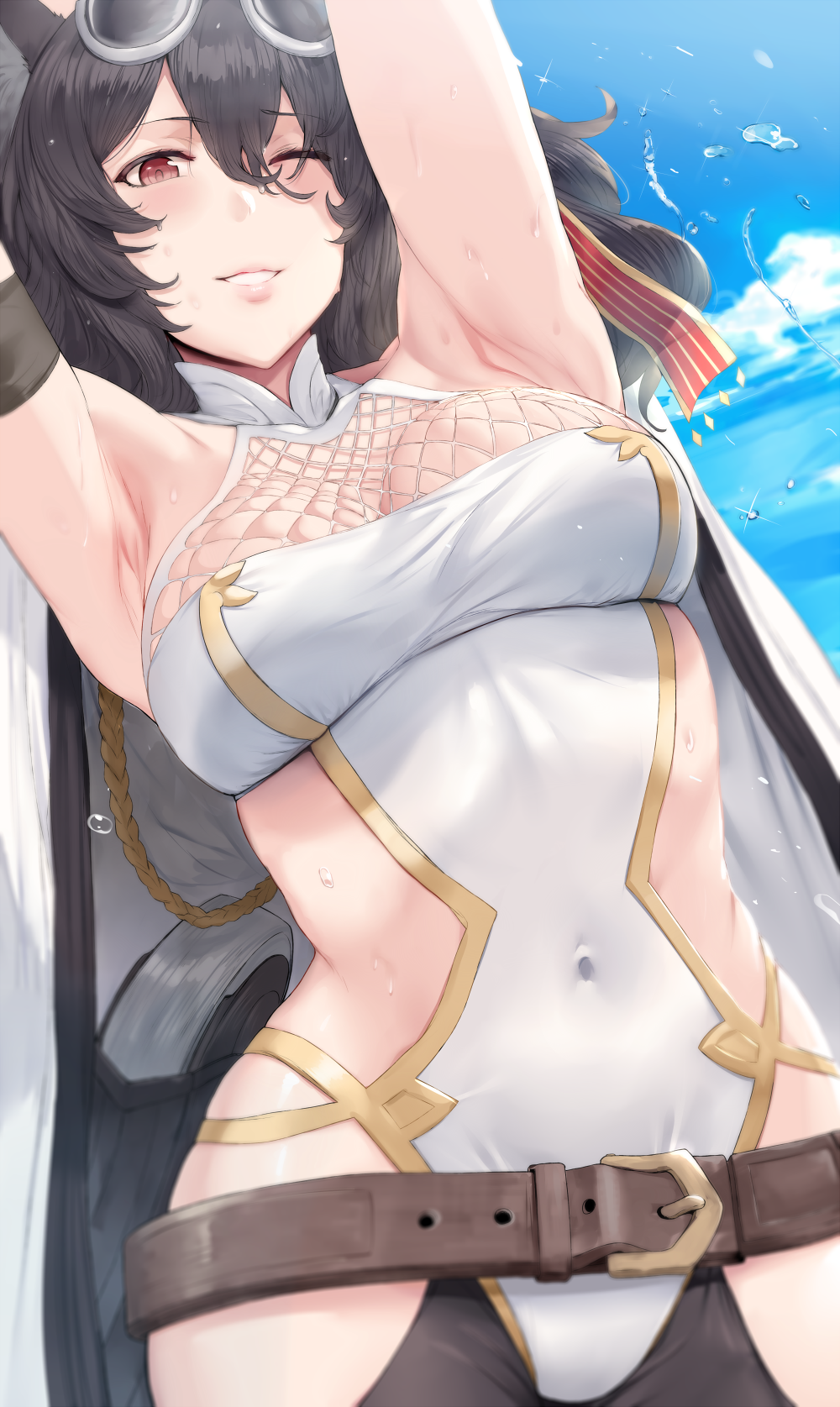 1girl animal_ears armpits arms_behind_head arms_up bare_shoulders belt black_hair blush breasts cape cleavage covered_navel erune eyewear_on_head granblue_fantasy hair_between_eyes halterneck hat hat_ribbon hews_hack highres hips ilsa large_breasts long_hair navel one-piece_swimsuit one_eye_closed red_eyes ribbon smile solo sunglasses swimsuit waist white_swimsuit