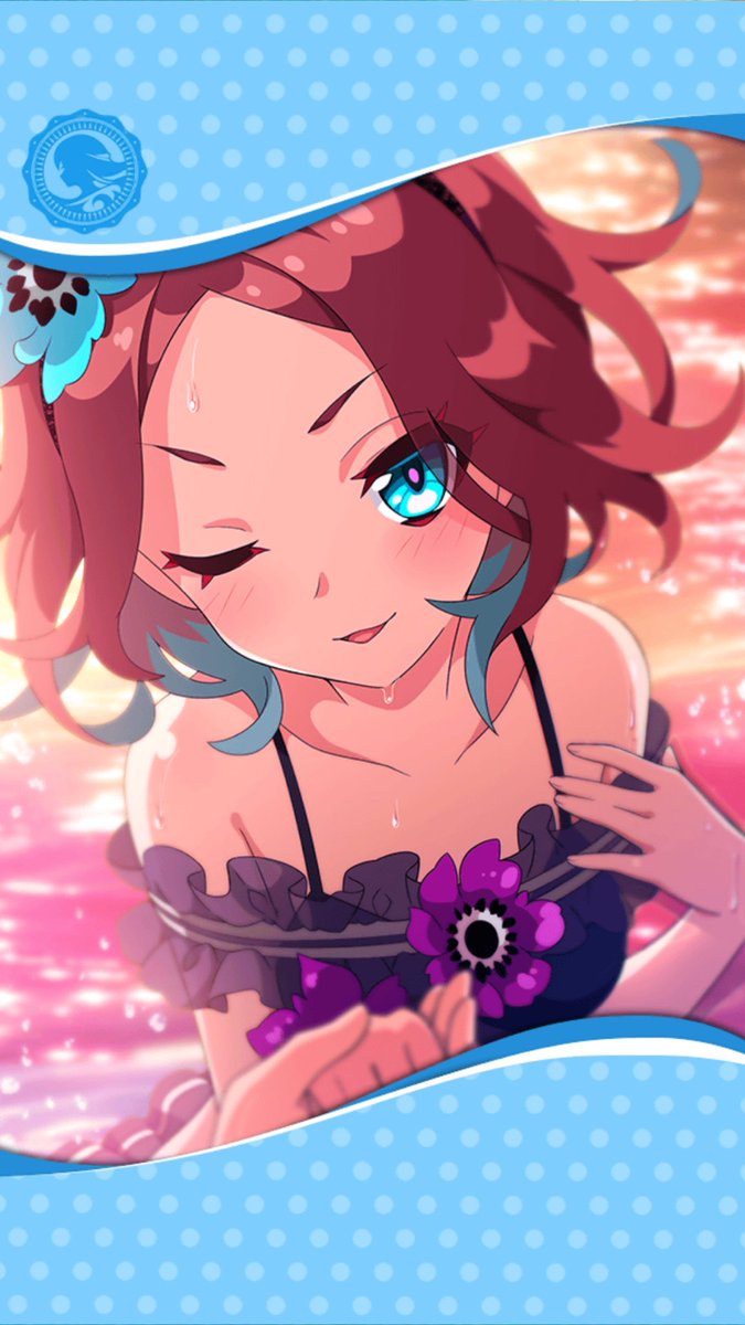 1girl artist_request blush caduceus_(phantom_of_the_kill) flower framed_image hair_flower hair_ornament hand_holding hand_on_own_chest heterochromia highres official_art one_eye_closed open_mouth phantom_of_the_kill sunset swimsuit water