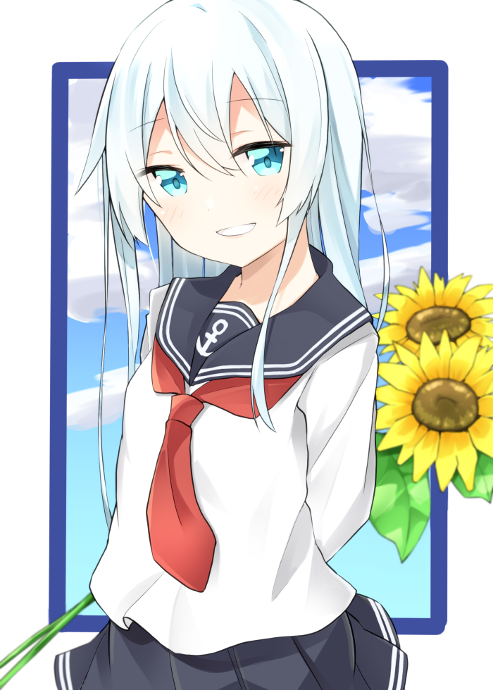 1girl anchor_symbol arms_behind_back bangs black_sailor_collar black_skirt blue_eyes blue_sky blush clouds cloudy_sky commentary_request day eyebrows_visible_through_hair flower hair_between_eyes head_tilt hibiki_(kantai_collection) holding holding_flower kantai_collection long_hair long_sleeves looking_at_viewer necktie no_hat no_headwear pleated_skirt rateratte red_neckwear sailor_collar school_uniform serafuku shirt silver_hair skirt sky smile solo sunflower very_long_hair white_shirt yellow_flower